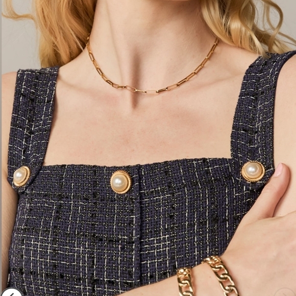 Francescas jaime navy blue tweed square neck pleated mini party dress Large NEW - Picture 2 of 5